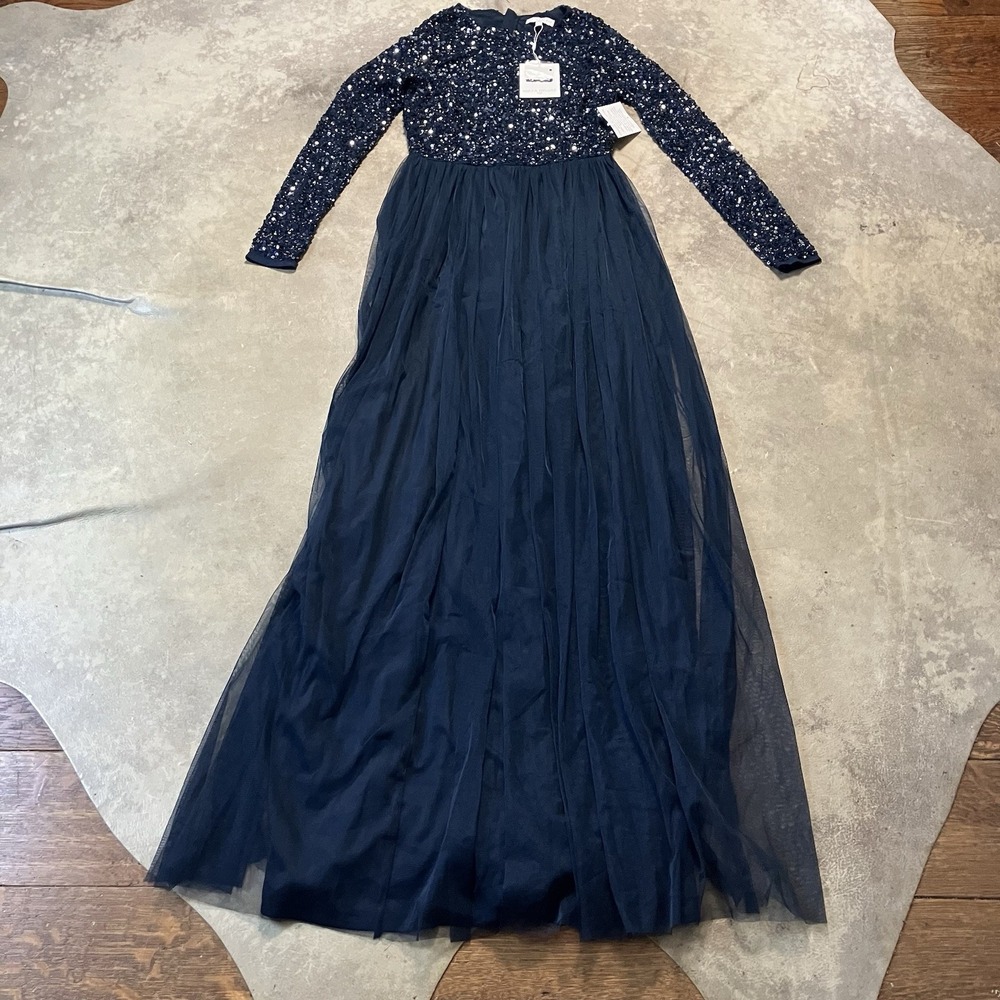 Maya Deluxe Dress Womens Size 6 Navy Sequin Tulle Long Sleeve Formal Maxi Gown